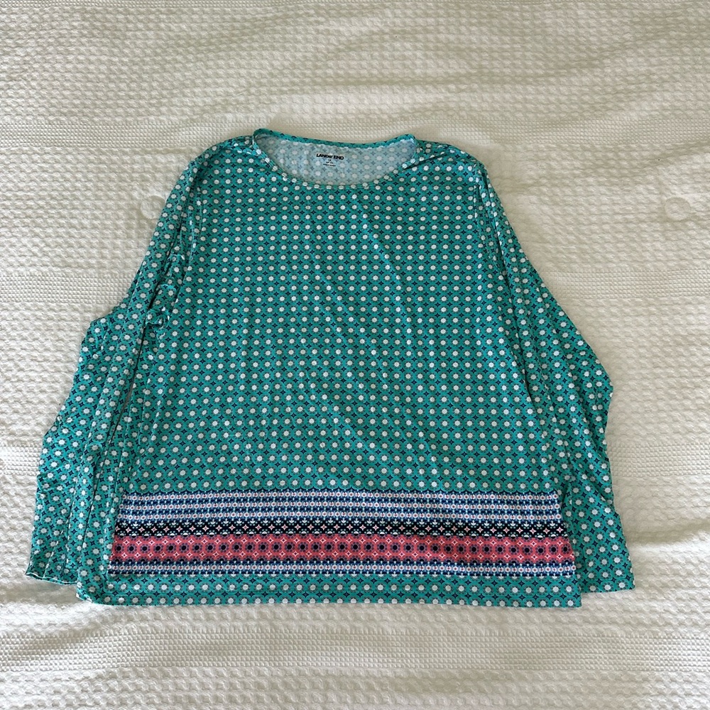 Lands' End Teal and Pink Patterned Swim Top
